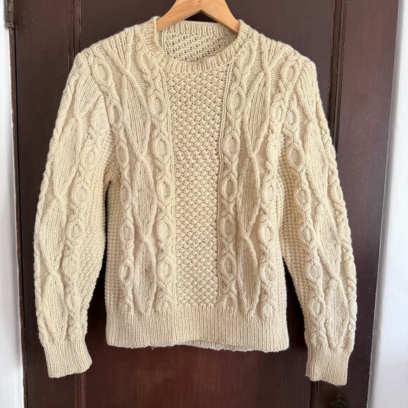 Handmade Sweaters - Vintage Hand Knit Wool Cream Cable Knit Fisherman Sweater Aran | Small